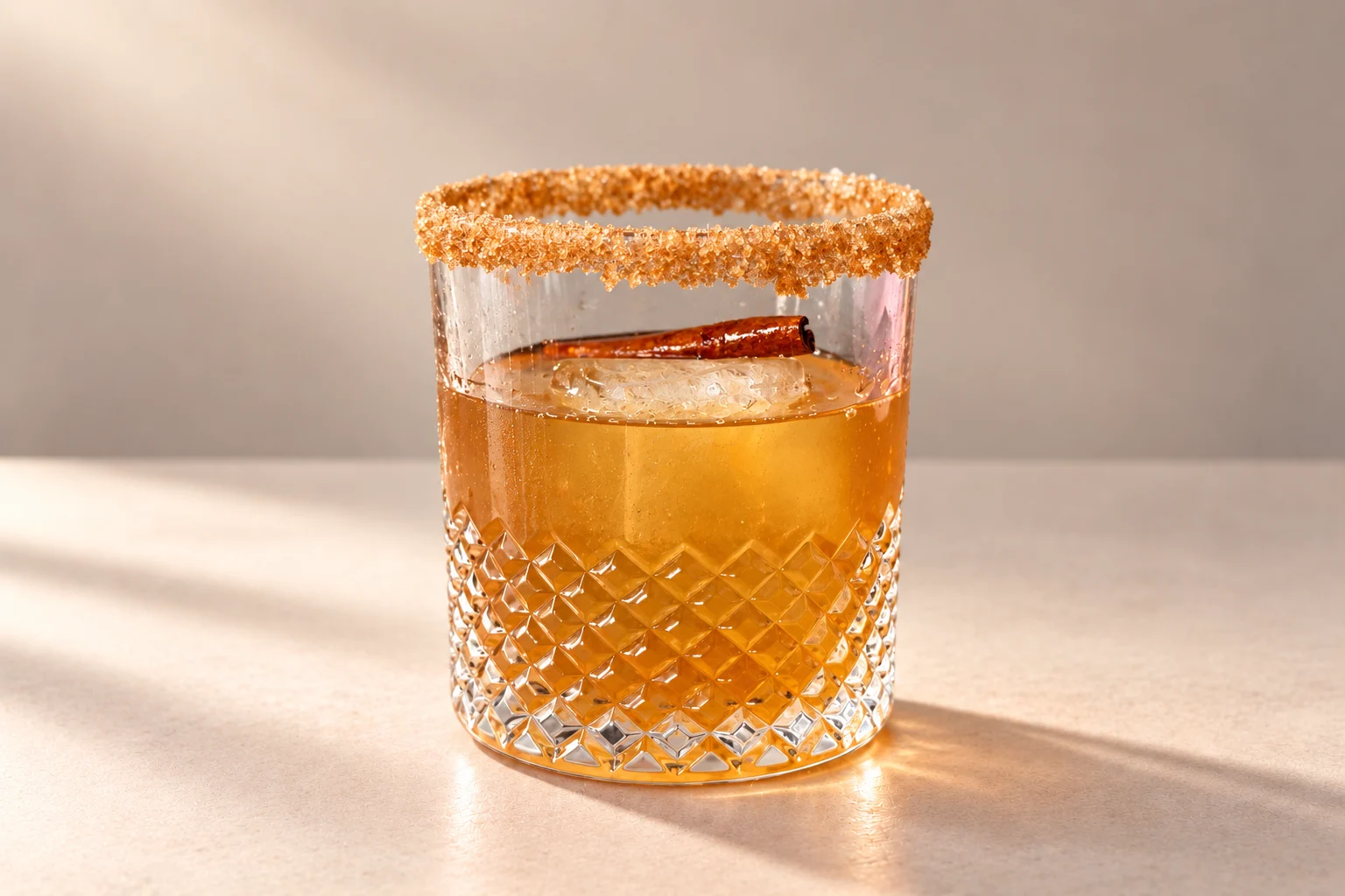 Apple Pie Old Fashioned made with Carefree Bourbon, served over a large ice cube with a brown sugar rim and cinnamon stick in a crystal rocks glass on an ivory surface.