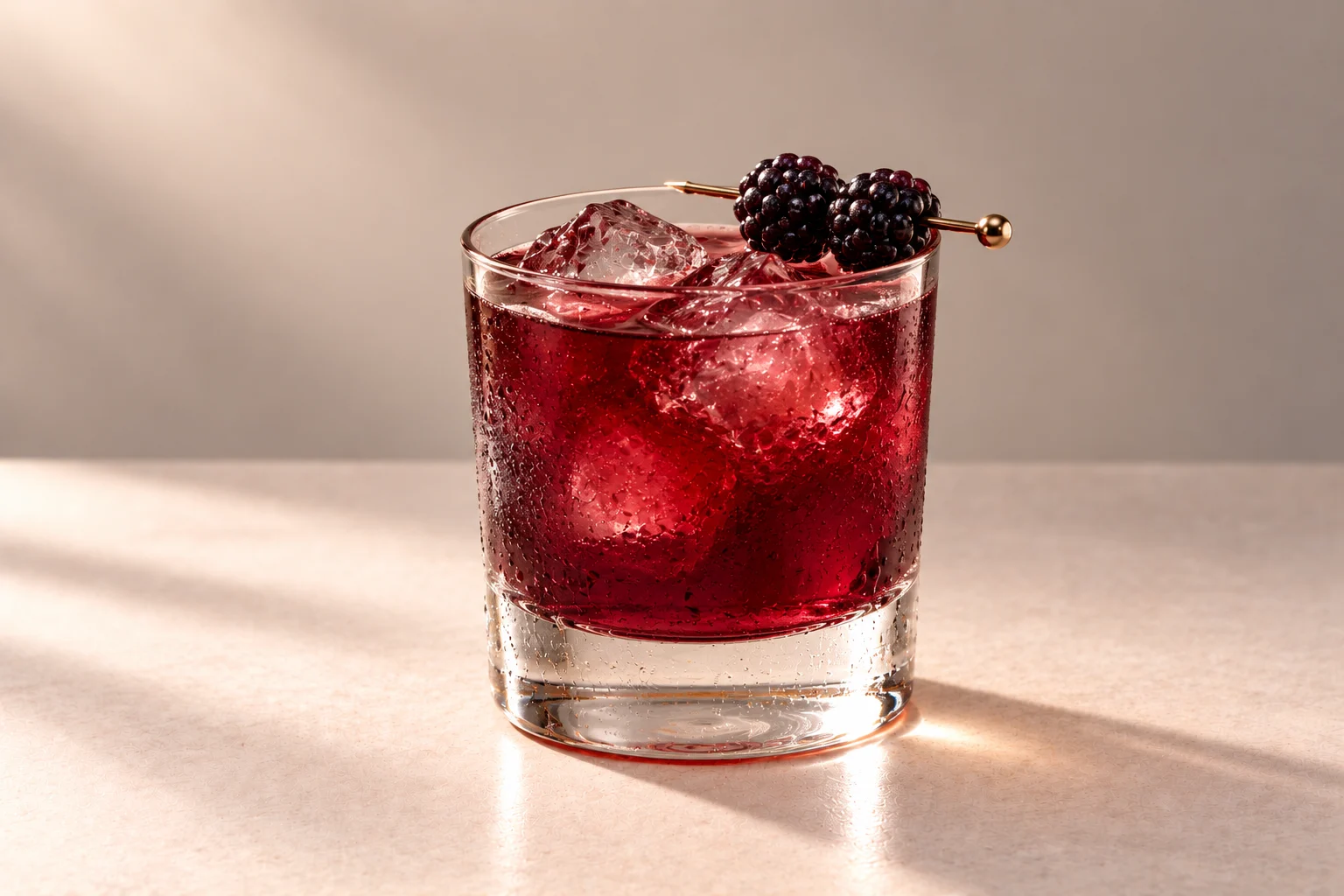 Blackberry Root made with Red Apple & Ginger Root Chakra Vodka, served over ice in a double rocks glass with two blackberries on an ivory surface.