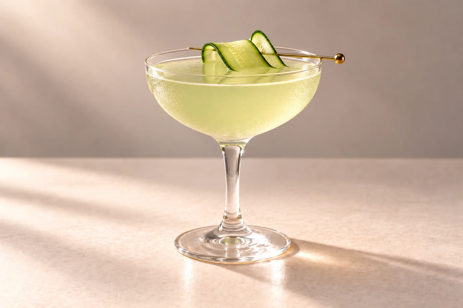 Garden Ascension made with Chakra Vodka Ascension, served up in a chilled coupe with a cucumber ribbon on an ivory surface.