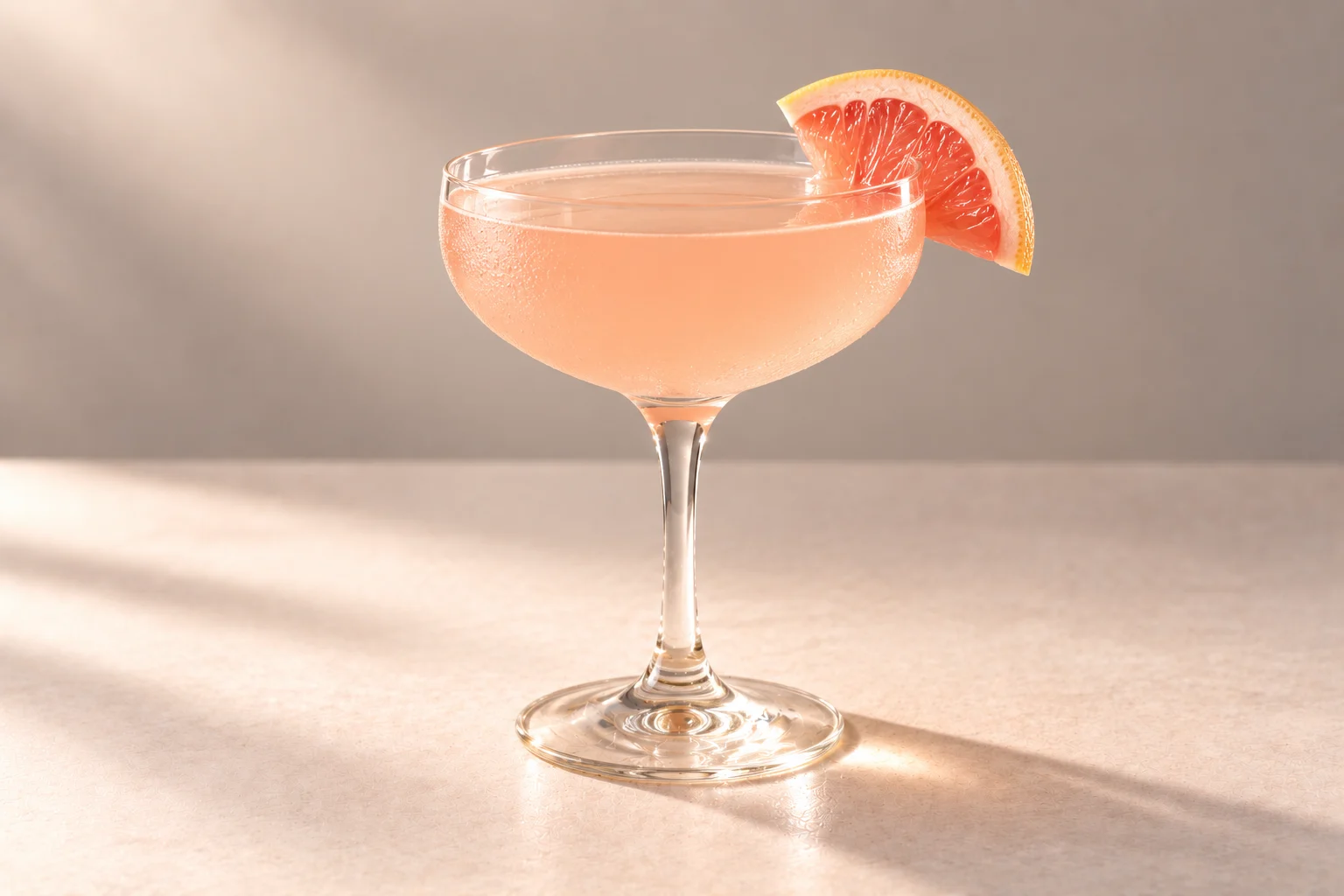 Grapefruit & Lavender Gimlet made with Grapefruit & Lavender Chakra Vodka, served in a coupe glass with a pink grapefruit half-moon garnish on an ivory surface.