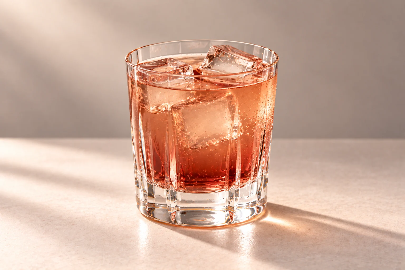 Grounded Fig made with Red Apple & Ginger Root Chakra Vodka, served over ice in a rocks glass on an ivory surface.