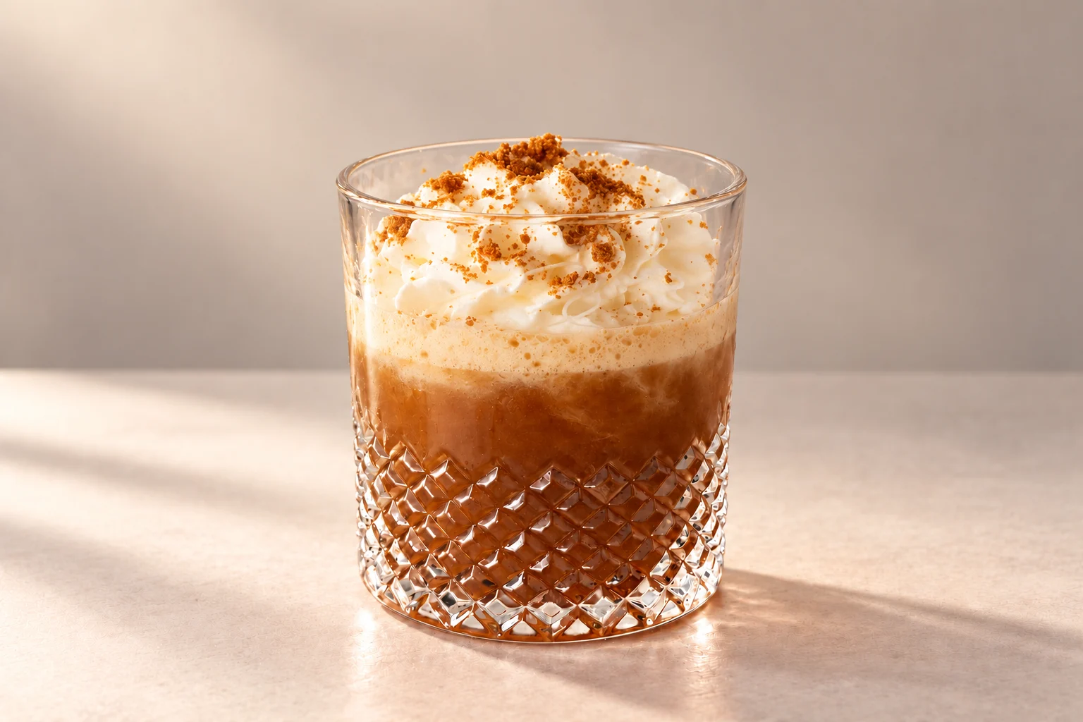 Grumpy Pumpkin cocktail made with Carefree Bourbon, topped with whipped cream and Biscoff crumbs in a crystal rocks glass on an ivory surface.
