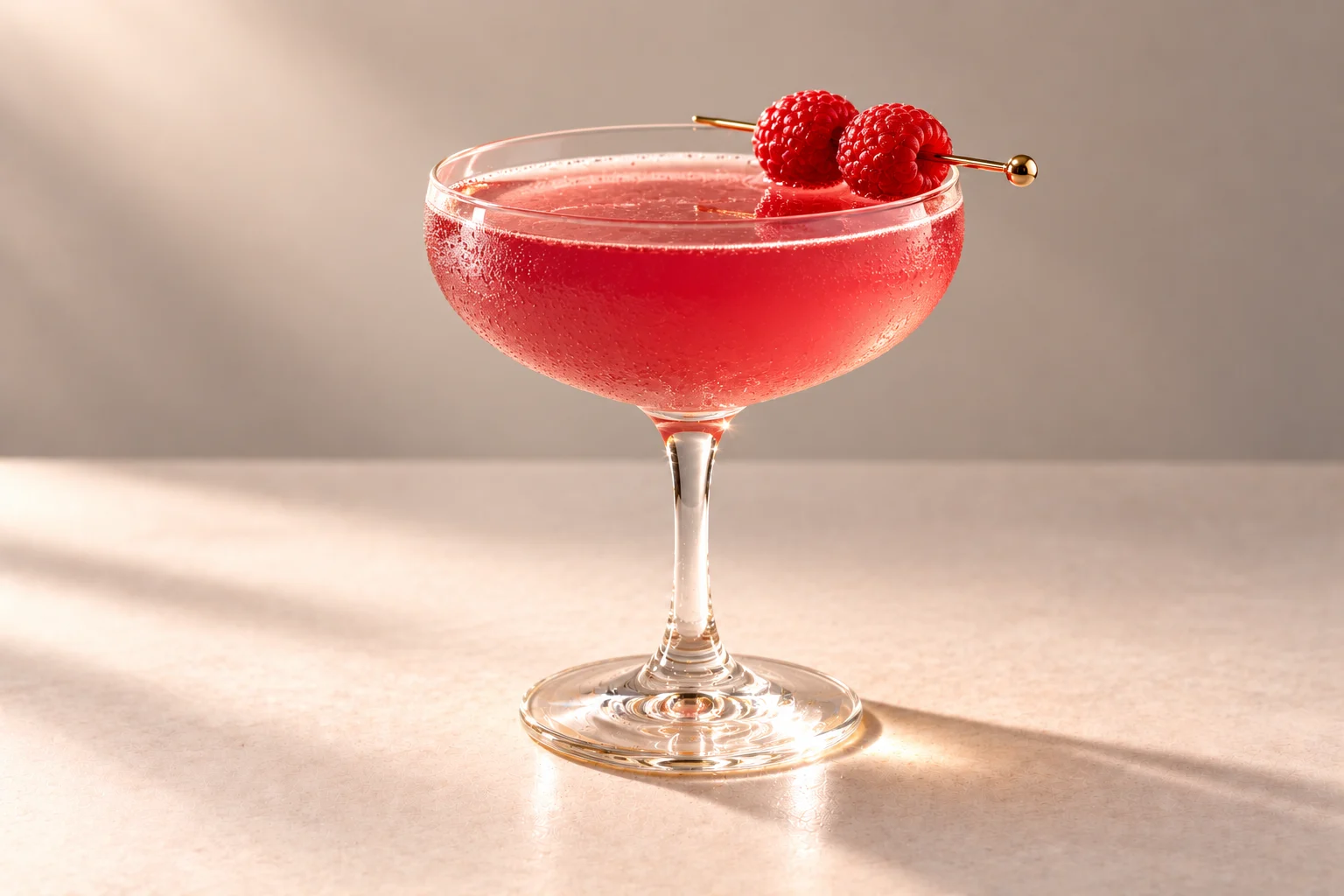 Hibiscus Raspberry Kiss made with Peach & Hibiscus Chakra Vodka, served up in a chilled coupe with two raspberries on an ivory surface.