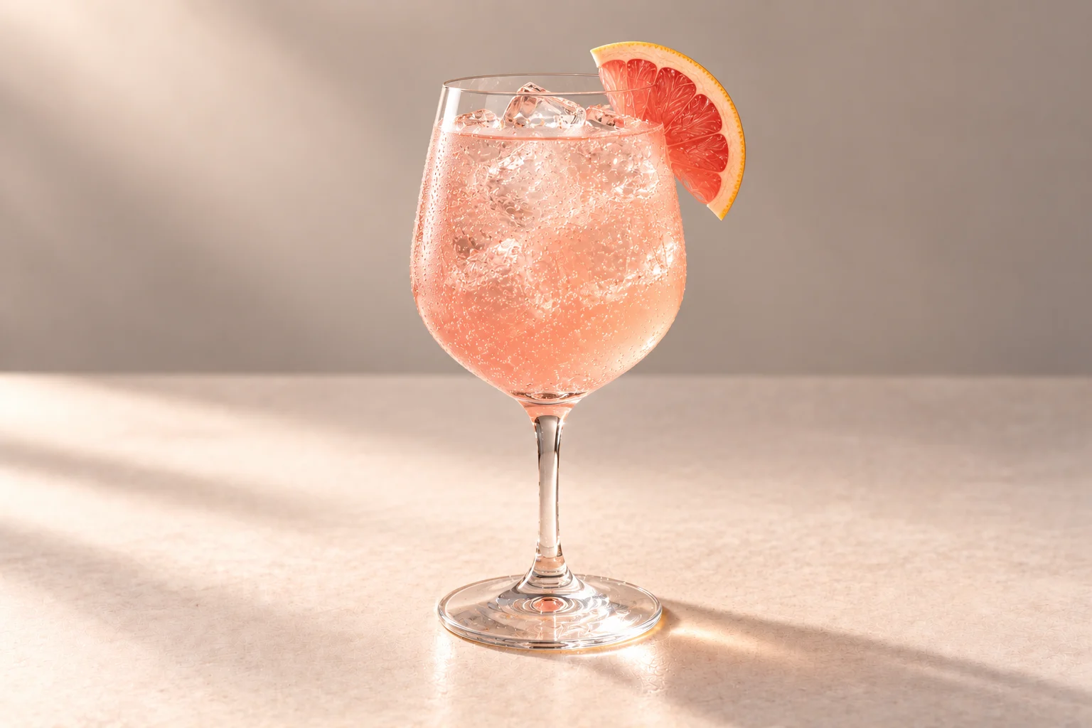 Lavender Elderflower Spritz made with Grapefruit & Lavender Chakra Vodka, served over ice in a stemmed wine glass with a pink grapefruit half-wheel on an ivory surface.