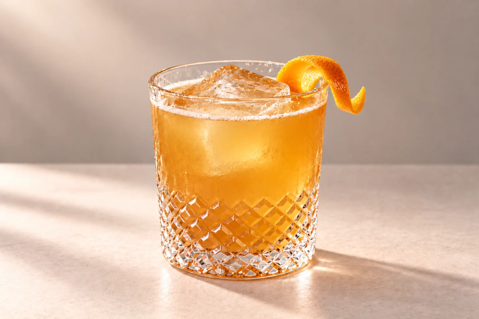 Maple Bourbon Sour made with Carefree Bourbon, served over a large ice cube with an orange twist in a crystal rocks glass on an ivory surface.