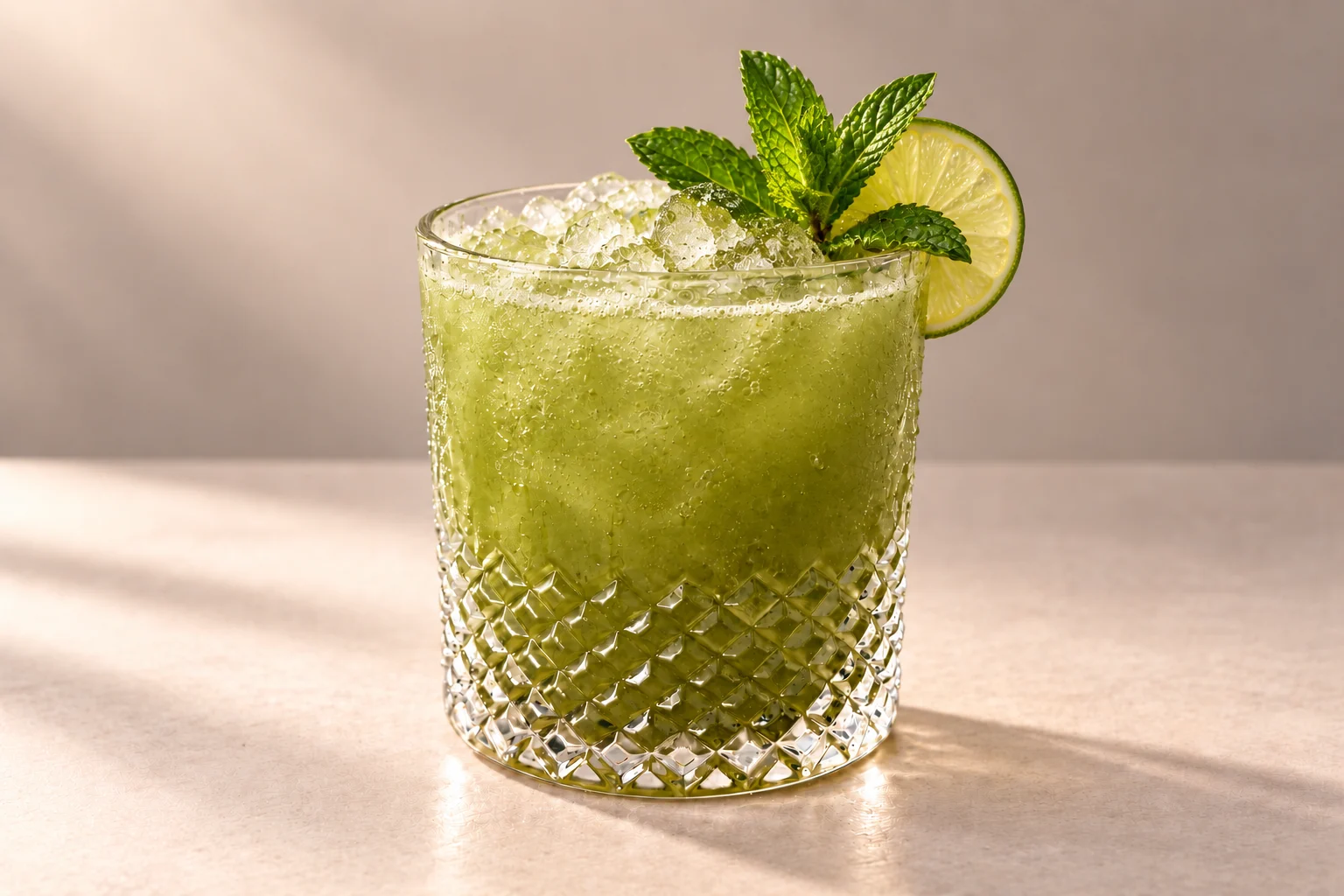 Matcha Mint Cooler made with Green Tea, Mint & Matcha Chakra Vodka, served over crushed ice in a crystal rocks glass with a mint sprig and lime wheel on an ivory surface.