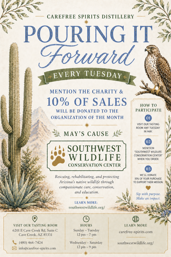 Pouring it Forward May charity flyer supporting Southwest Wildlife Conservation Center