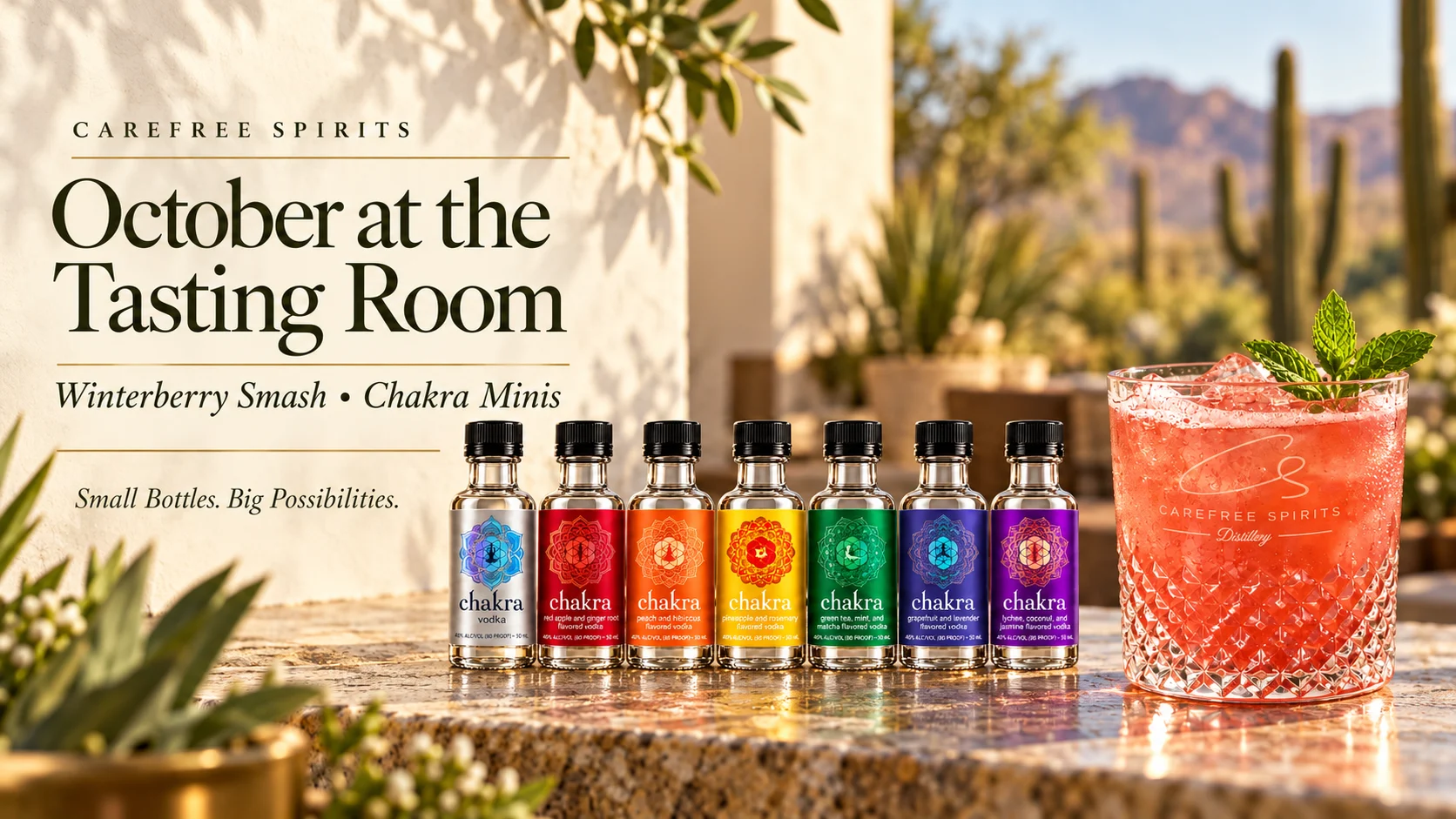 October at the Carefree Spirits Tasting Room featuring Winterberry Smash and Chakra mini bottles