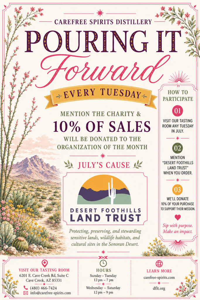 Pouring it Forward July flyer for Desert Foothills Land Trust