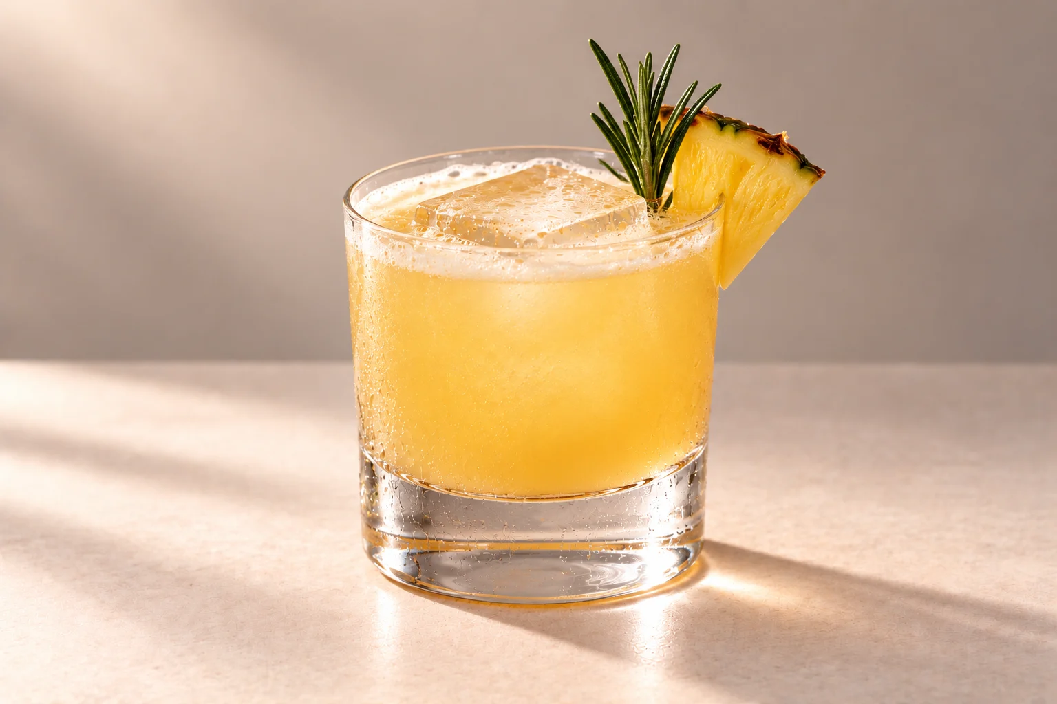 Rosemary Golden Hour made with Pineapple & Rosemary Chakra Vodka, served over ice in a double rocks glass with pineapple and rosemary on an ivory surface.