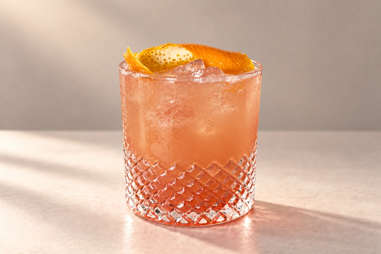 Solar Harvest cocktail made with Pineapple & Rosemary Chakra Vodka, served over ice with an orange peel in a crystal rocks glass on an ivory surface.