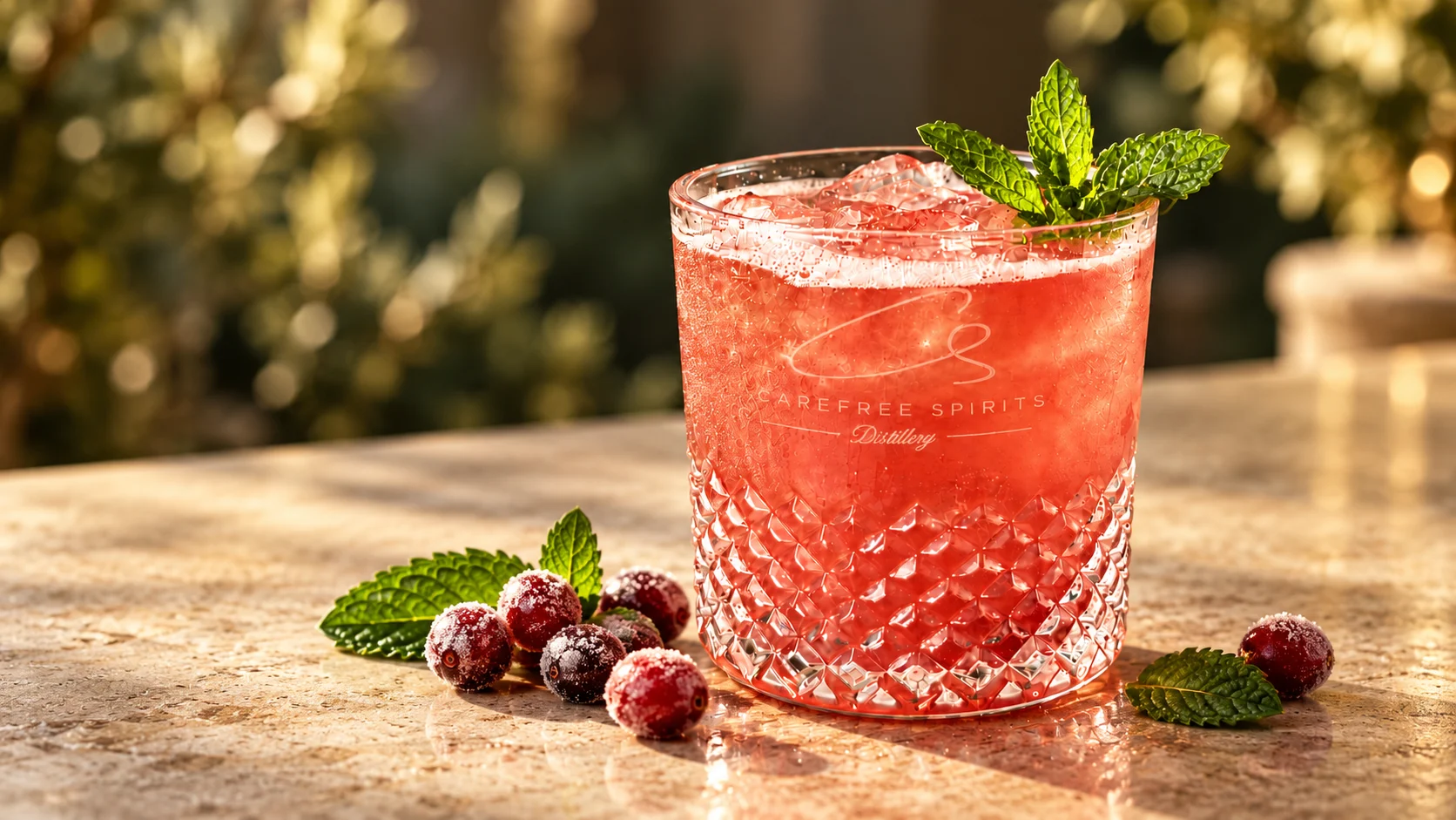 Winterberry Smash cocktail with fresh mint and frosted cranberries in a Carefree Spirits rocks glass