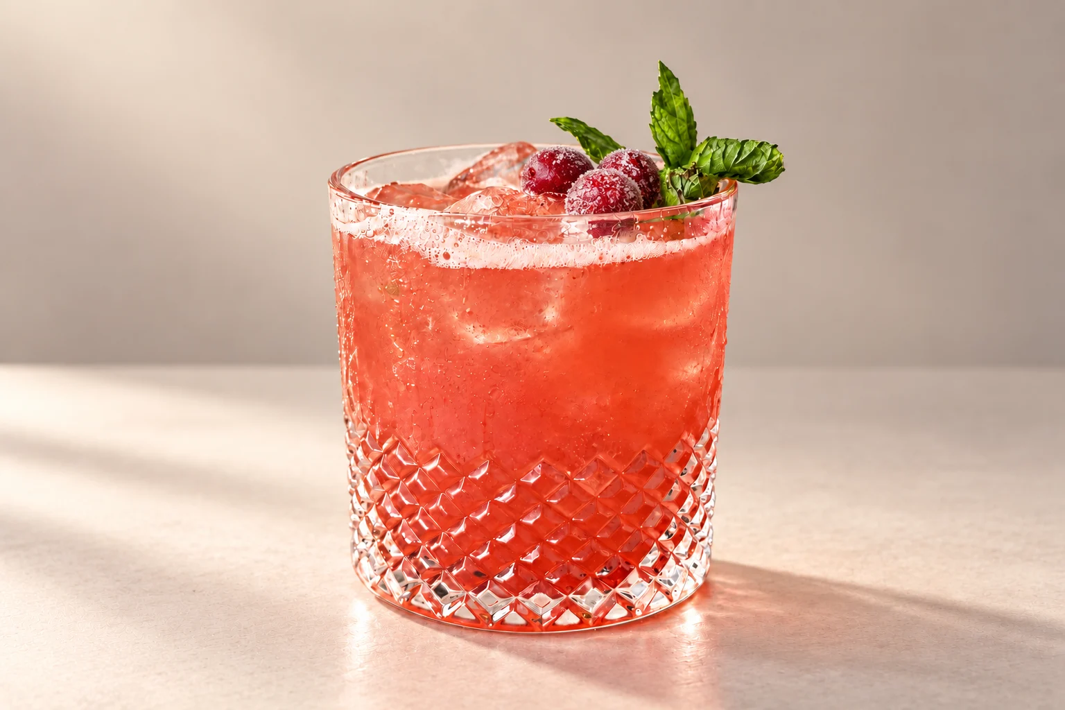 Winterberry Smash cocktail made with Carefree Bourbon, served over ice in a cut-crystal rocks glass and garnished with frosted cranberries and a fresh mint sprig