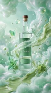 Heart Chakra Vodka bottle surrounded by swirling green mist, fresh mint leaves, matcha powder, and quartz crystals on a dreamy emerald background